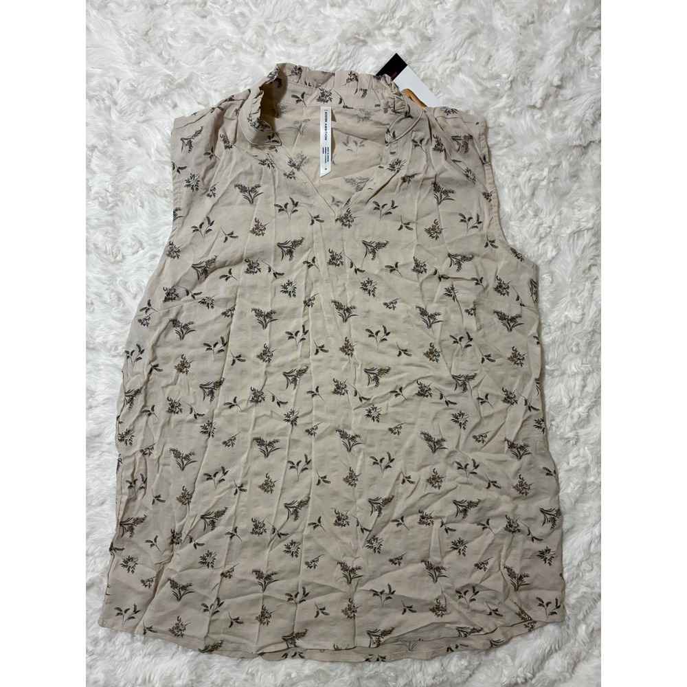 Floral Ruffle Collar Sleeveless Top Beige EcoVero Cotton Medium Cottagecore